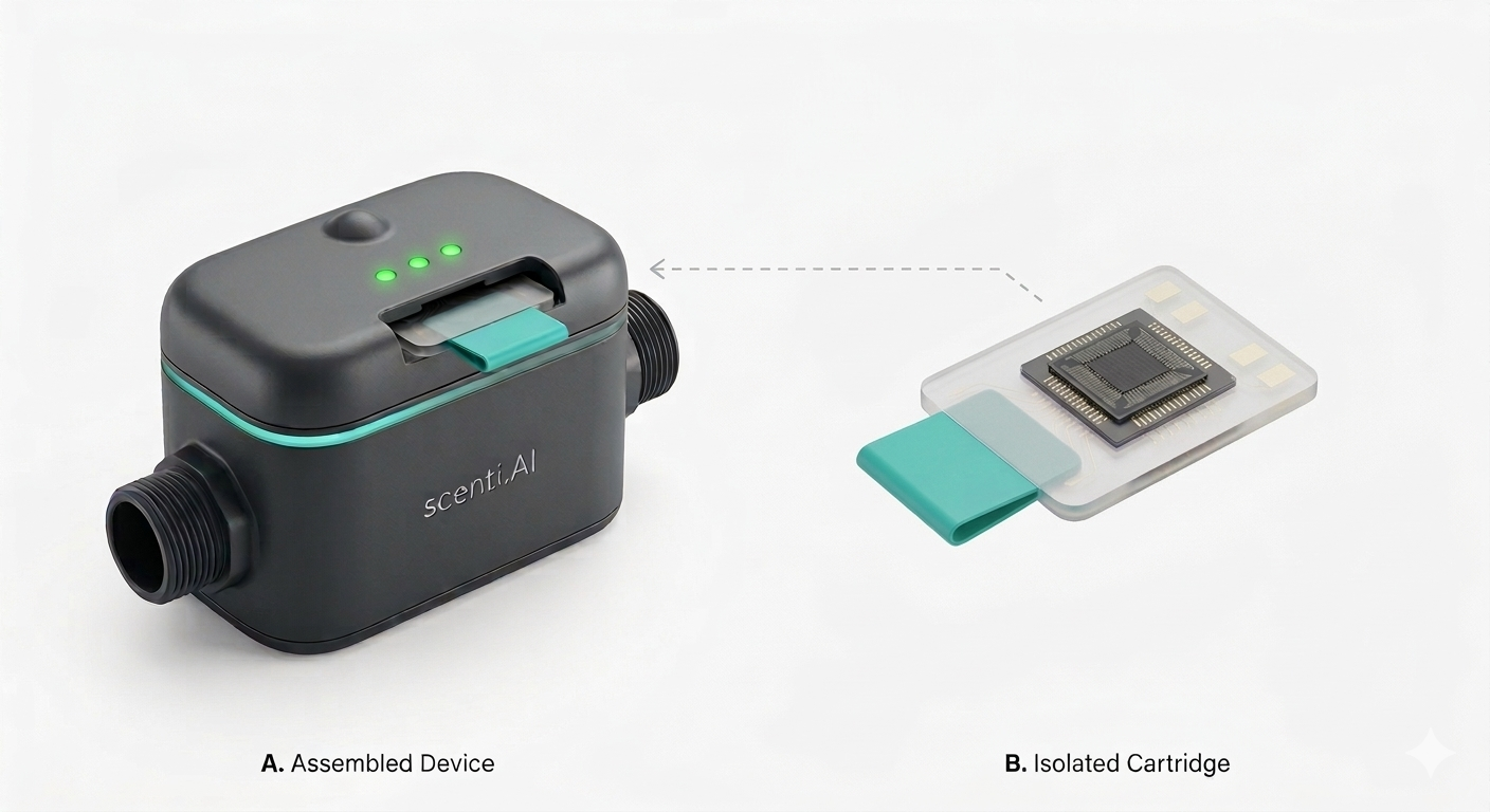 scenti.ai GFET biosensor — assembled inline device and isolated replaceable cartridge with graphene chip
